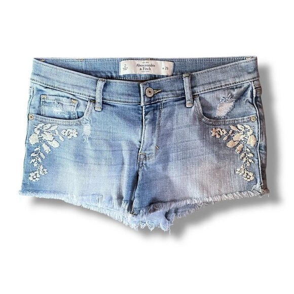Abercrombie & Fitch Womens Jean Shorts Sz 2 26 Floral Embroidered Denim Cut Offs - Picture 1 of 6